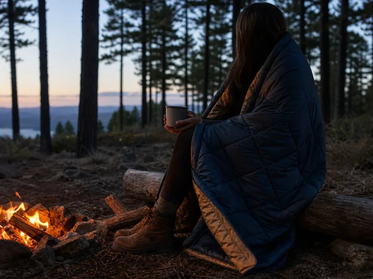Camping blanket wrapped around a person beside a campfire at dusk