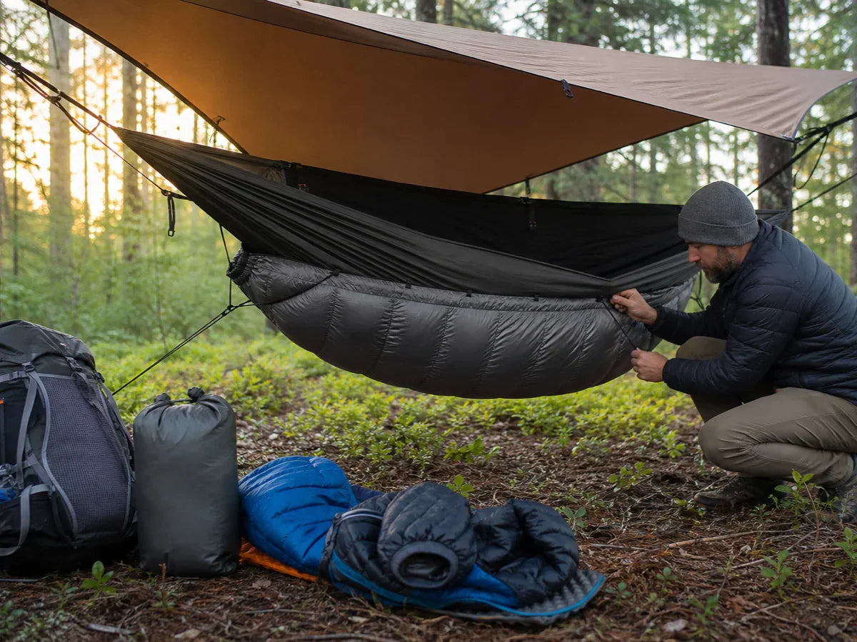 Down hammock underquilt below a camping hammock under a protective tarp at a dry forest campsite