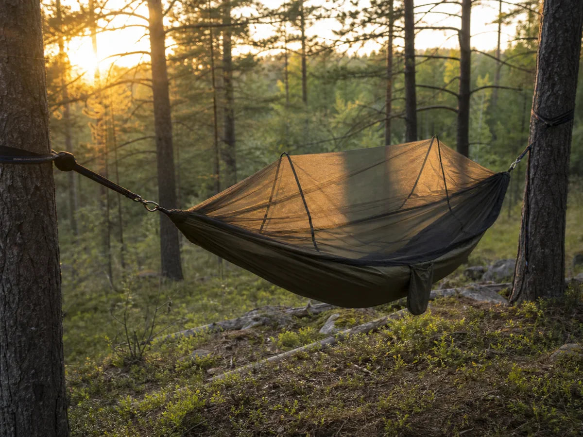 A camping hammock with a bug net draped over it in a golden-hour forest