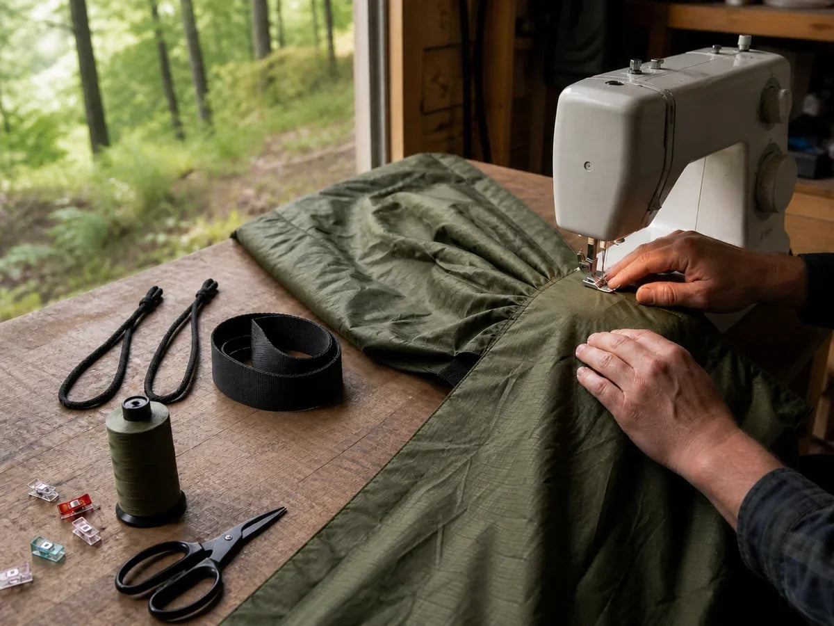 A maker sewing olive ripstop fabric into a gathered-end camping hammock