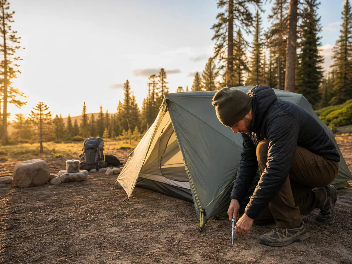 Camper staking a backpacking tent on firm soil at golden hour.