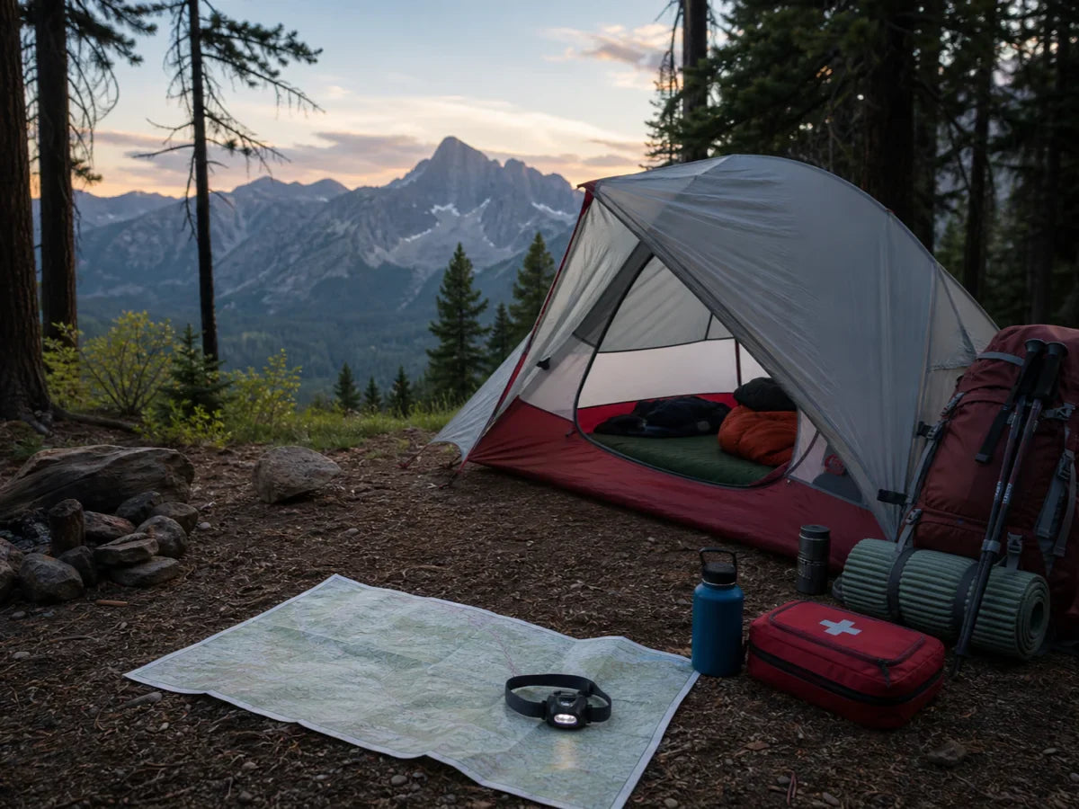 Organized wilderness campsite before dusk with safety gear, shelter, water, and navigation tools ready.