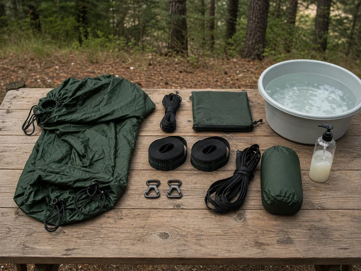 A camping hammock system disassembled beside a wash basin before cleaning