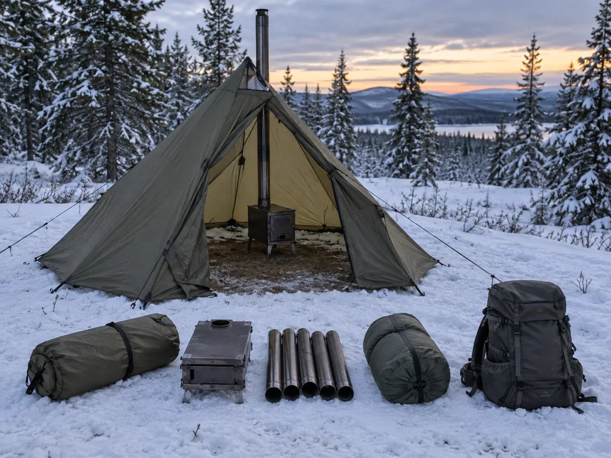 Lightweight floorless hot tent with an unlit stove and the full carry system laid out on the snow