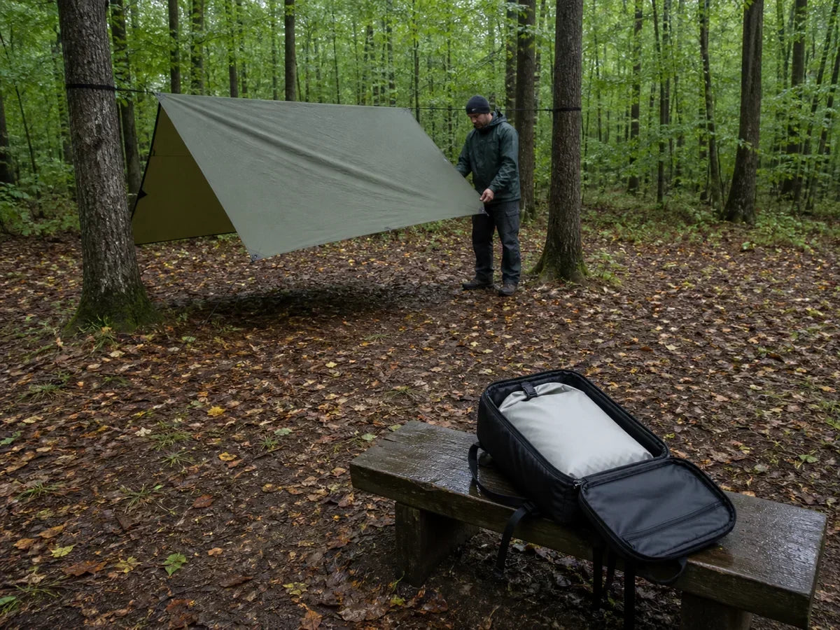 Solo camper gathers a wet hammock tarp while dry insulation stays isolated in a backpack on a raised bench