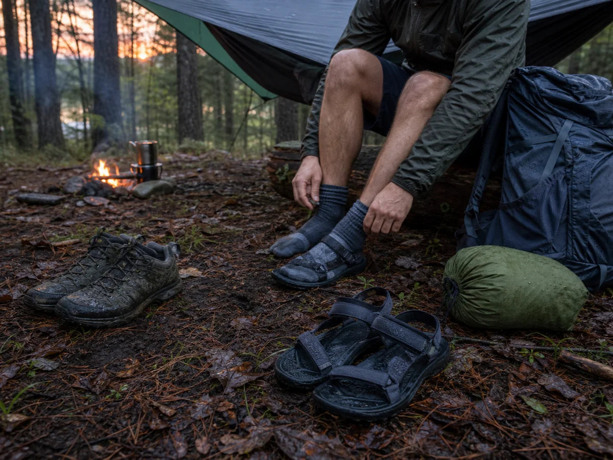Backpacker choosing between wet hiking shoes and ultralight camp shoes at a dusk campsite.