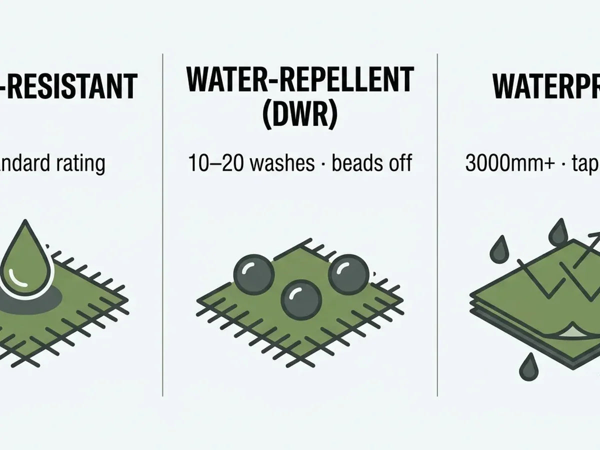 Three-column infographic comparing water-resistant, water-repellent, and waterproof outdoor gear