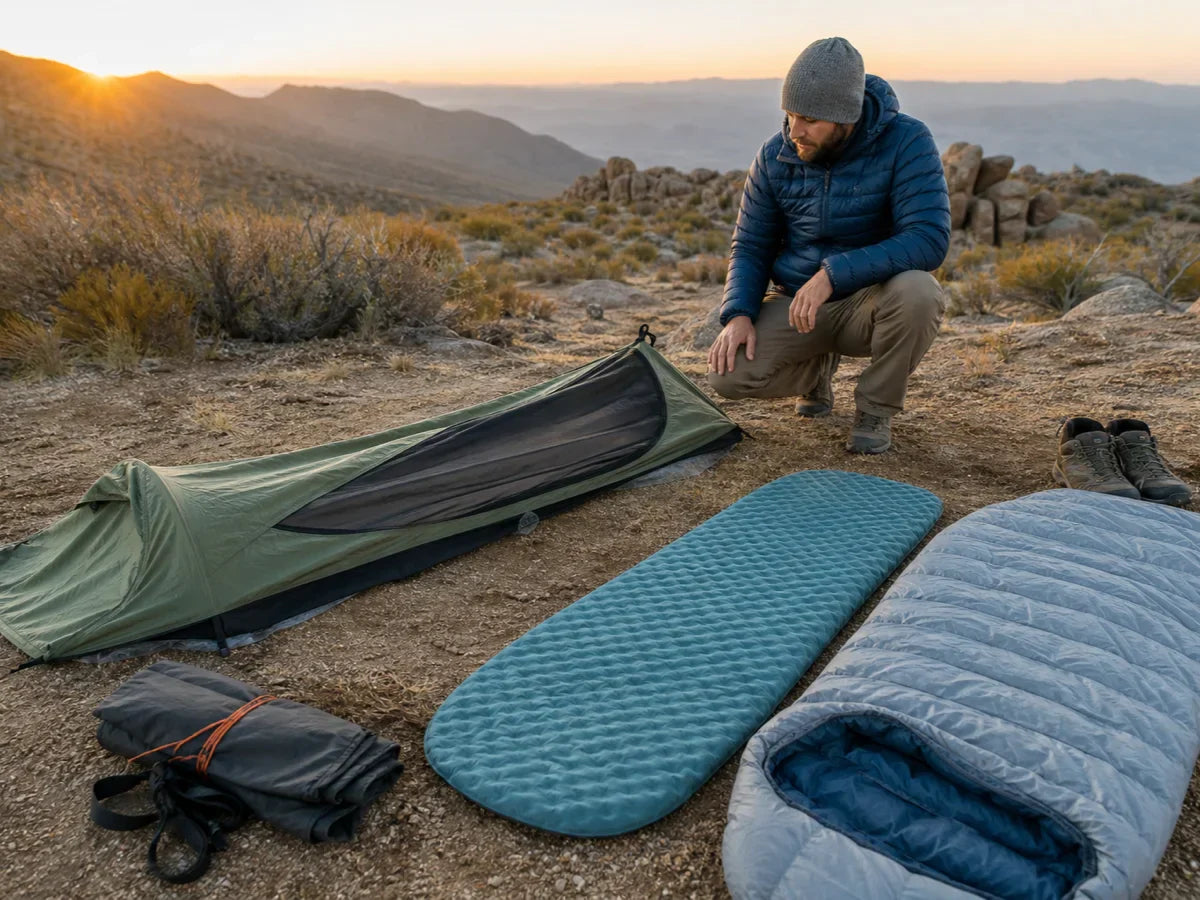 Beginner camper learning what a bivy sack covers at sunrise.