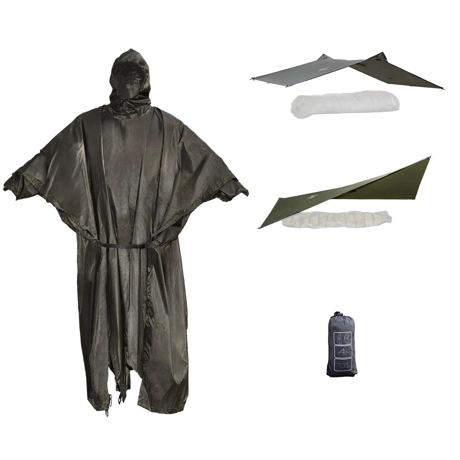 Hooded Rain Poncho w/Extended Cuffs for Backpacking Hiking - OD Green, 106