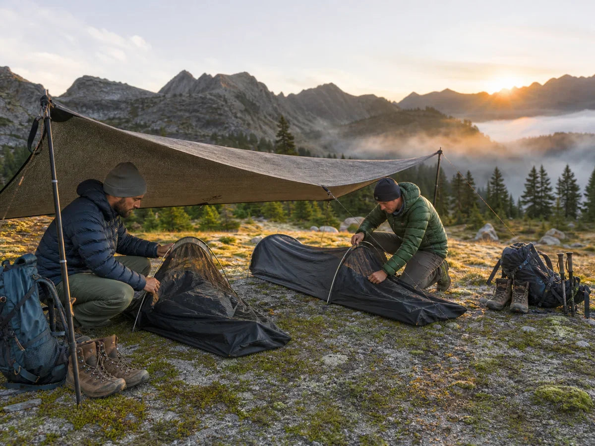 Two backpacking partners using separate low bivy-style shelters under one shared tarp at sunrise