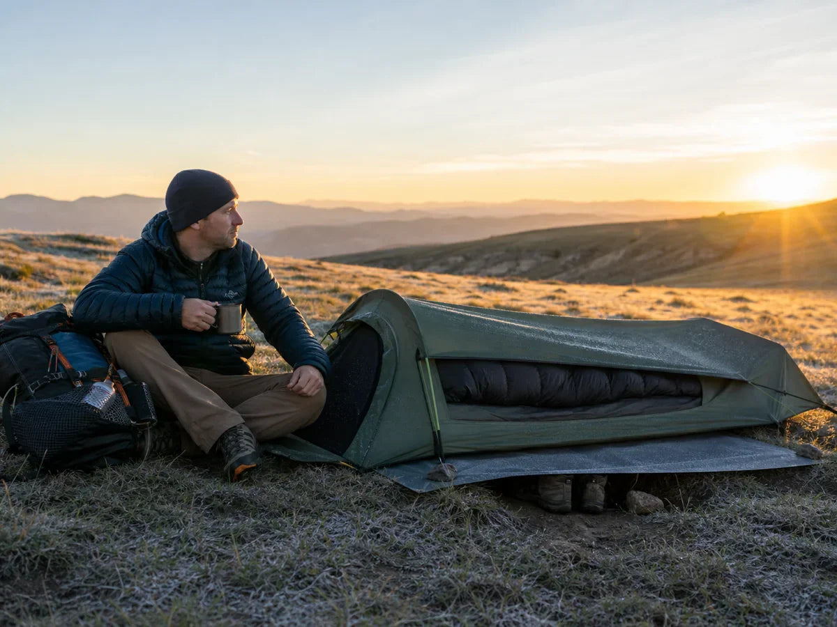 Solo camper beside a low green one-person bivy tent at sunrise after a dewy night.