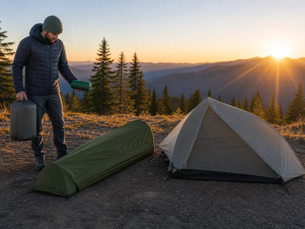 Solo backpacker comparing a compact bivy shelter and a one-person tent at sunrise.