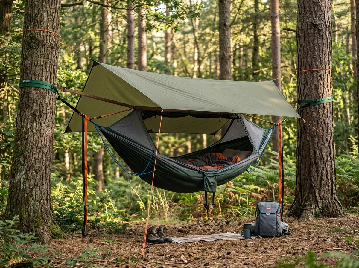 A bridge hammock with spreader bars hung between two trees in a forest campsite, showing the flat rectangular lay.