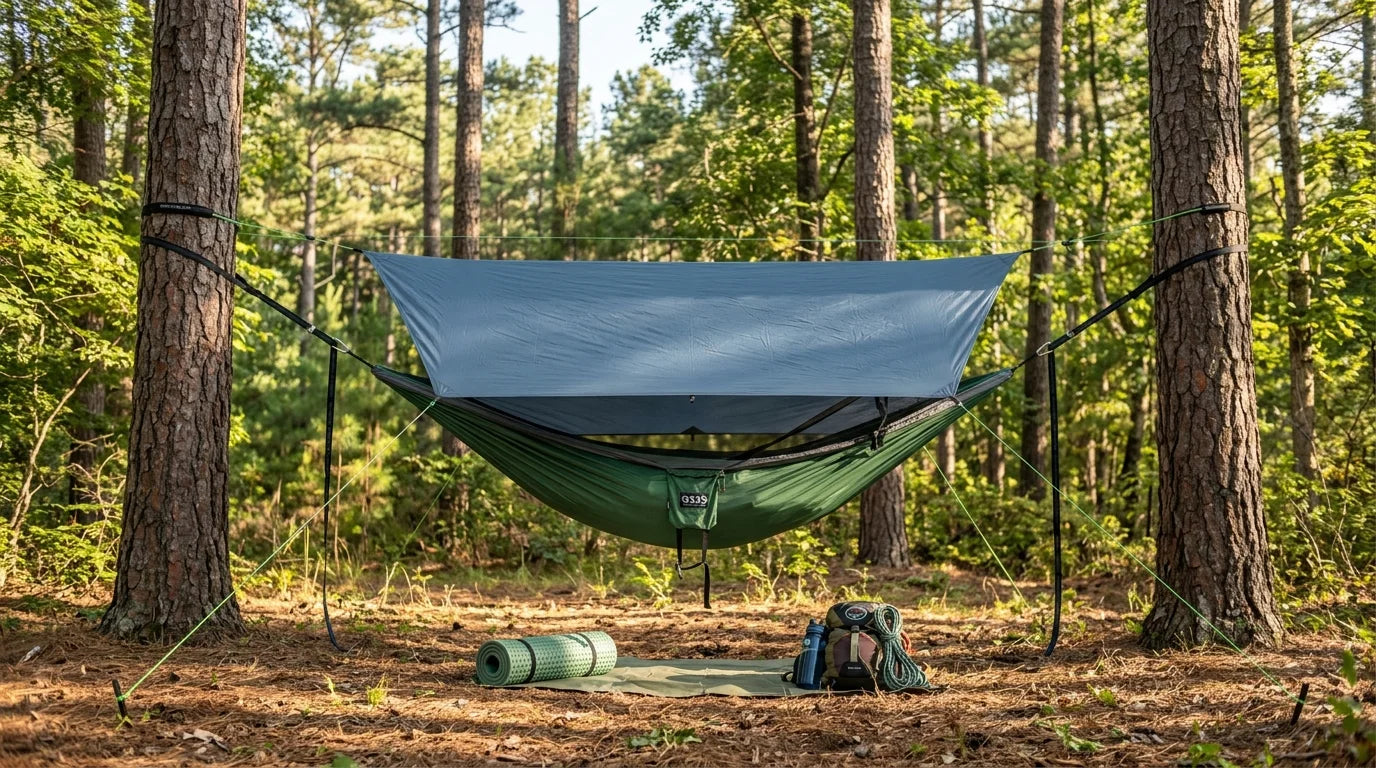 Hammock properly hung between two trees at 30-degree angle with 18-inch ground clearance in a wooded campsite.