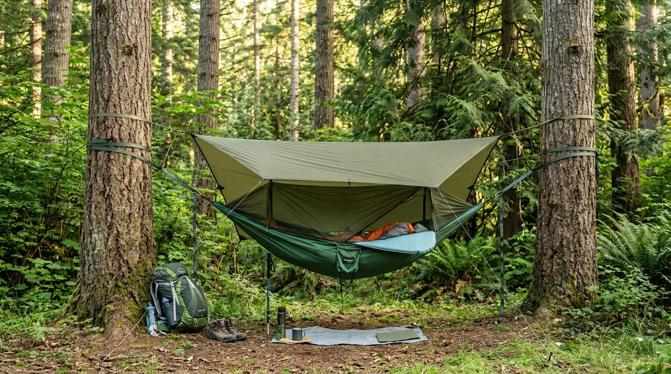 A beginner camper comparing a hammock and tent setup in a wooded campsite with mixed terrain.