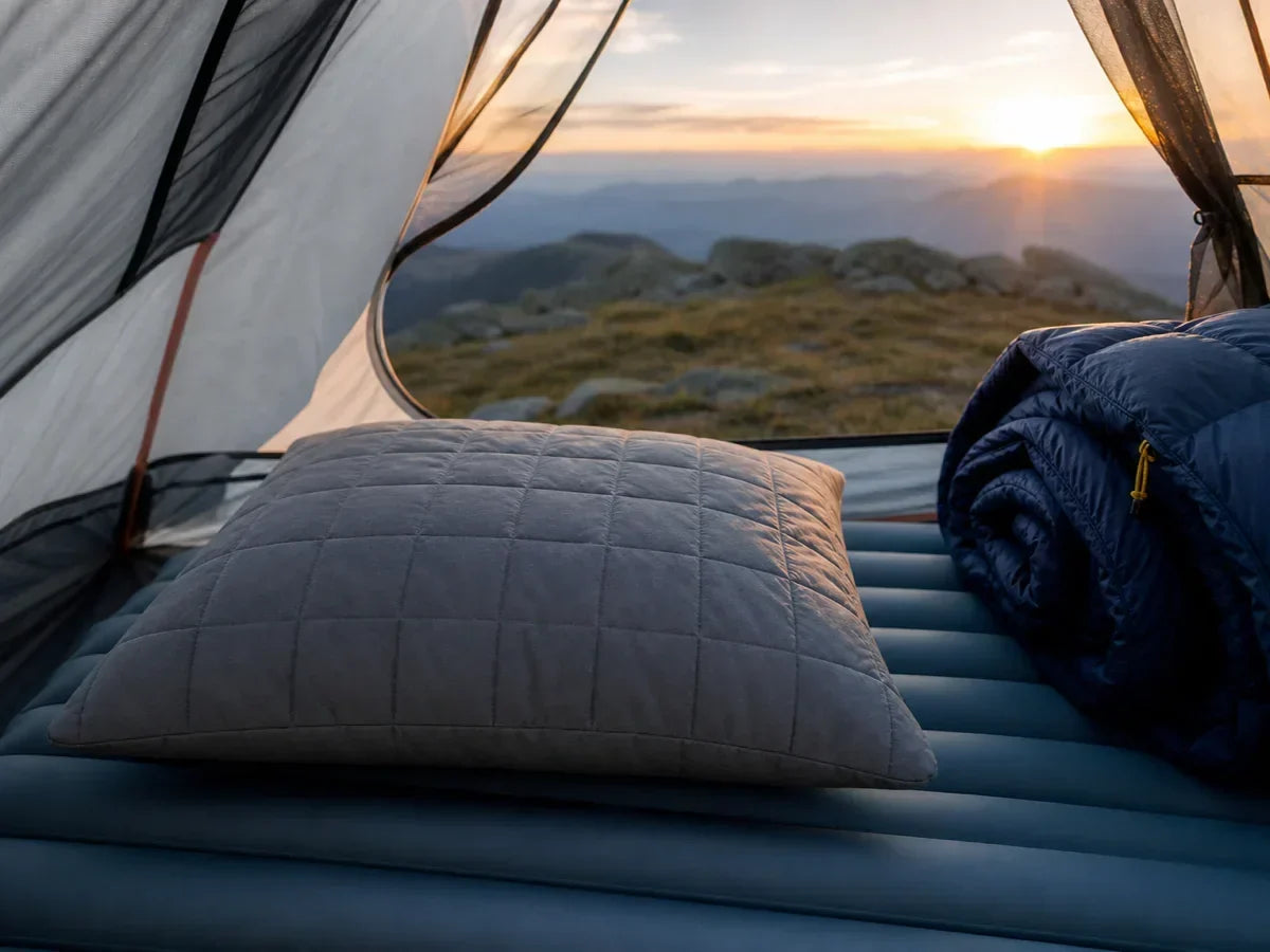 A dual-fill camping pillow on a sleeping pad inside a tent at dawn