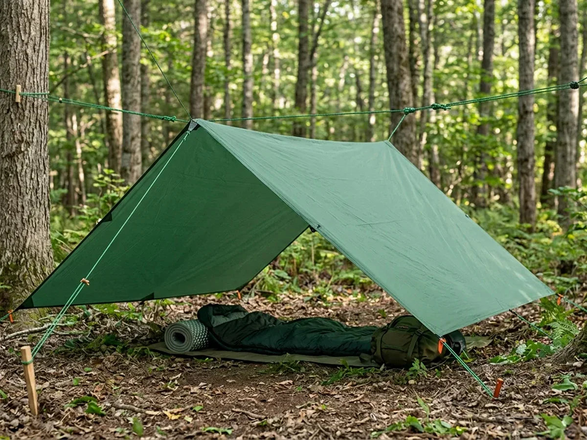 Low A-frame camping tarp setup between two trees in a forest