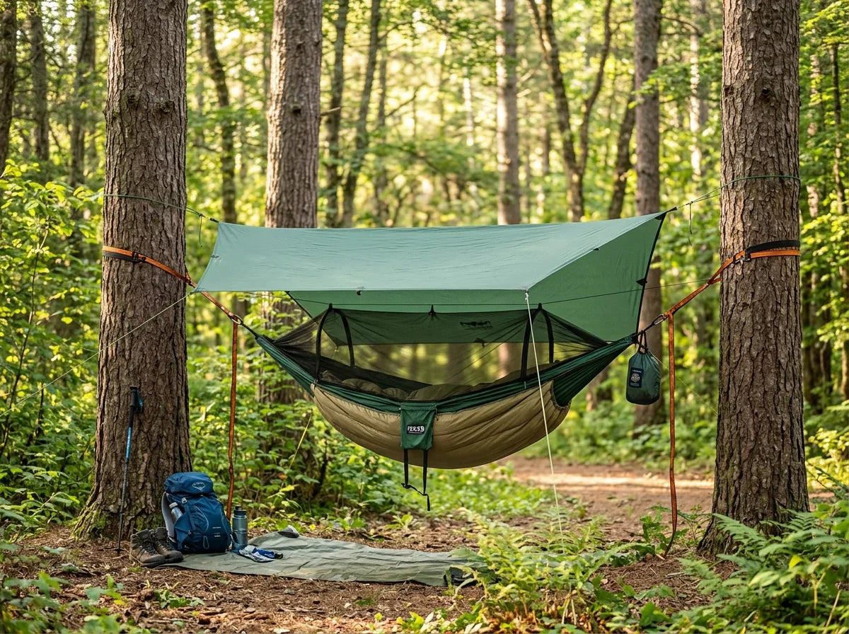 Warm-weather beginner hammock setup between trees with tarp coverage
