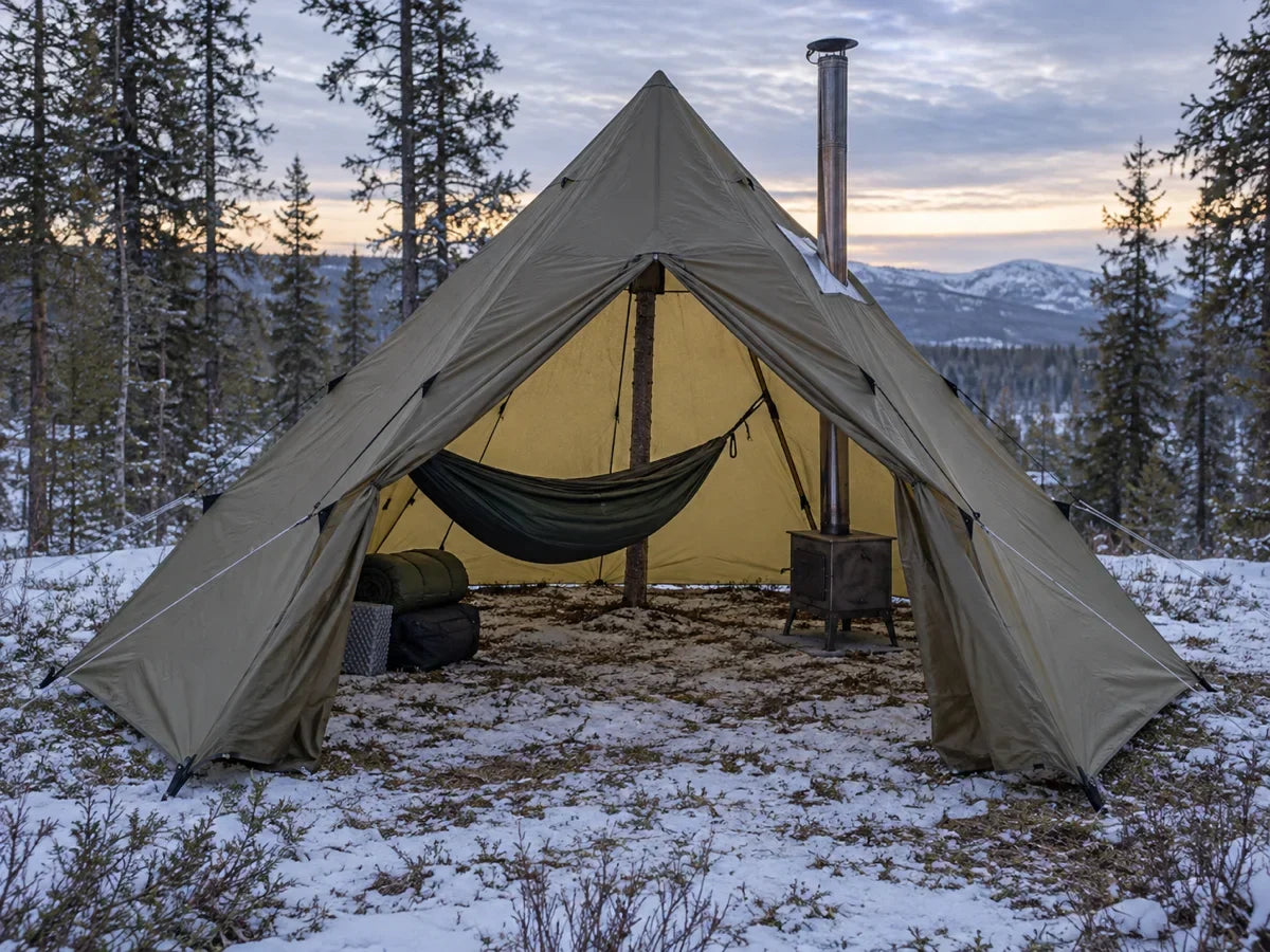 Hammock hot tent pitched in a cold forest clearing with an unlit stove, one hanging hammock, and an open doorway
