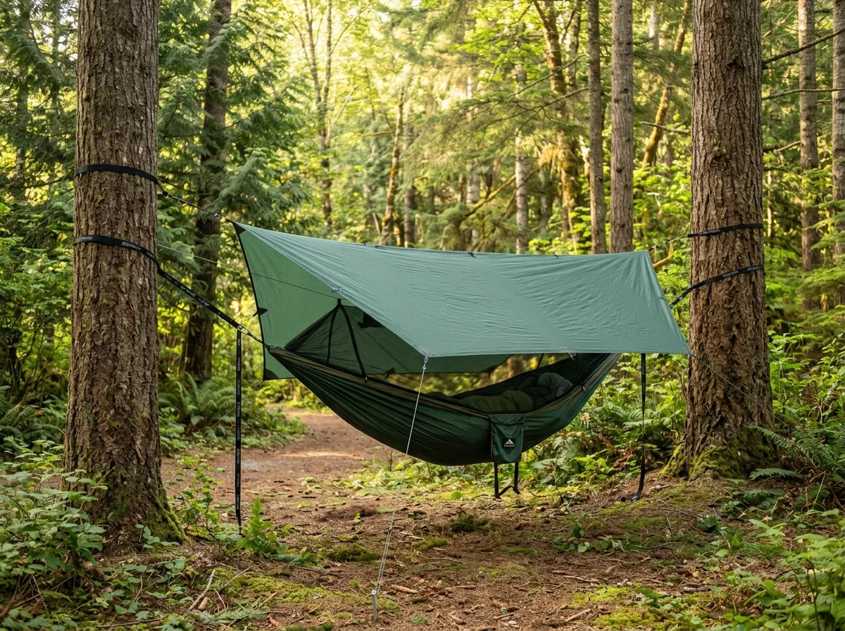 Hammock with green rain fly tarp set up between trees in a forest campsite