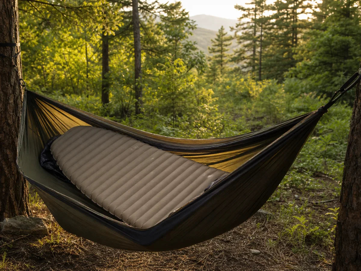 Sleeping pad inside a camping hammock in a forest at golden hour
