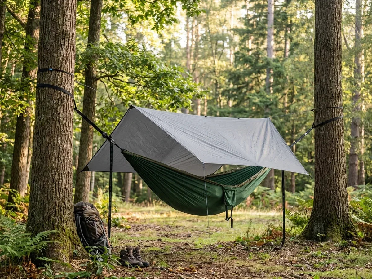 Hammock straps wrapped around a tree trunk showing proper width and positioning for bark protection