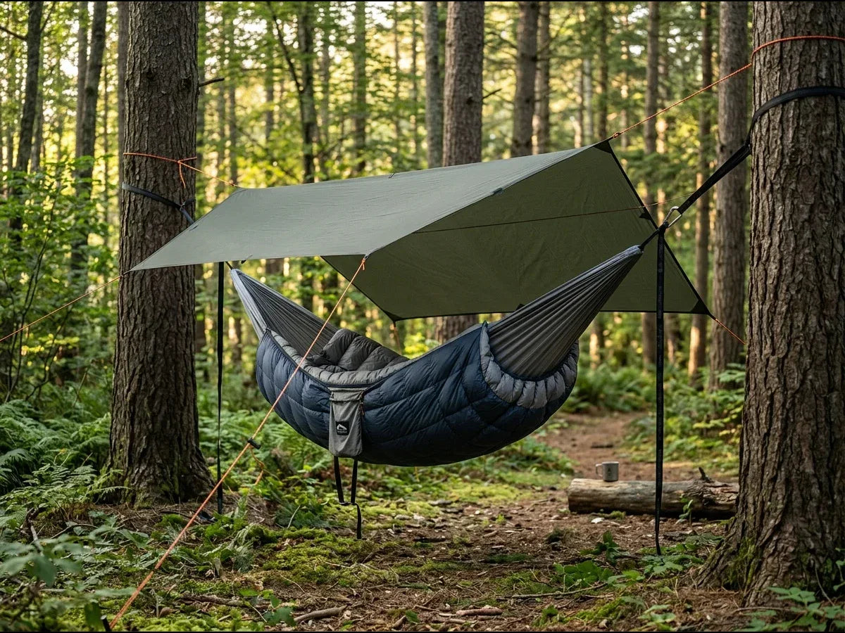 Hammock top quilt insulation setup in forest campsite