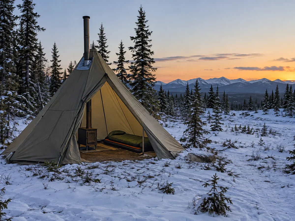 Unbranded hot tent shelter with a cold-ready sleep system and a clear route out