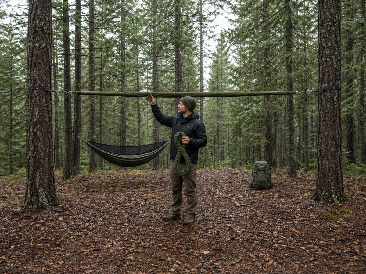 Solo camper gathers a 12 ft hammock tarp along a ridgeline after rain