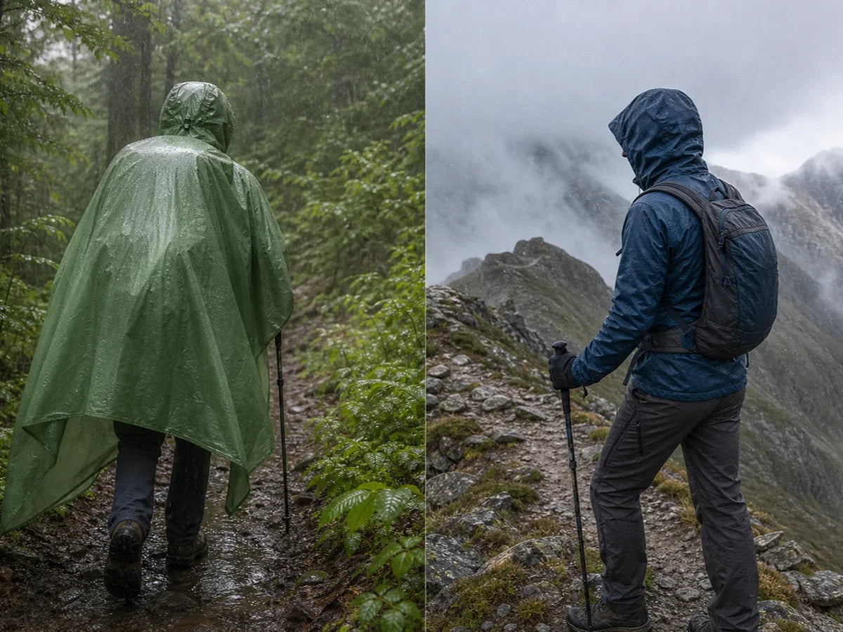 A hiker in a rain poncho below treeline beside a hiker in a rain jacket on an exposed ridge