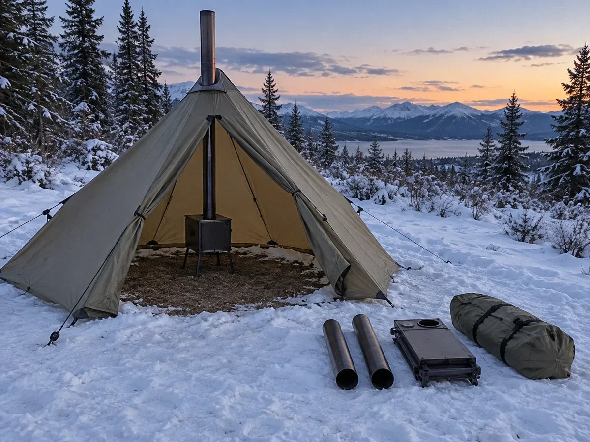 Unbranded floorless hot tent with the pipe through the roof jack, the stove unlit, and the remaining pipe sections, folded stove, and packed shelter laid out on snow
