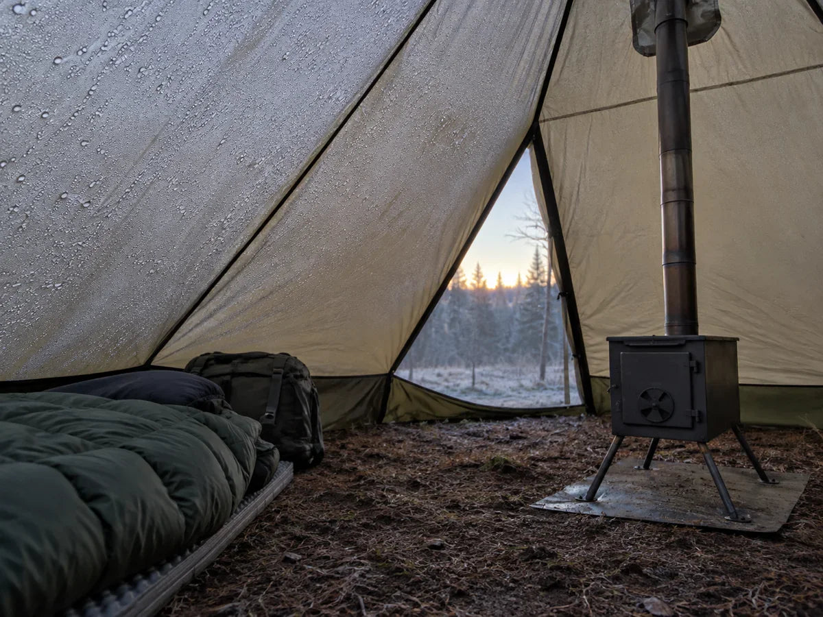 Droplets beaded across the inner wall fabric of a floorless hot tent, with dry insulation below