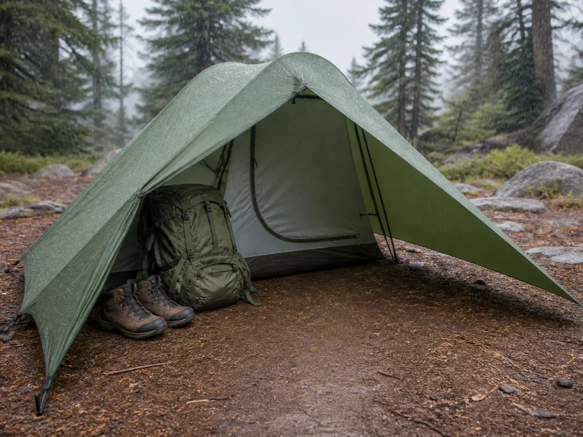 Rainy backpacking tent vestibule with a pack and boots beside a clear exit lane