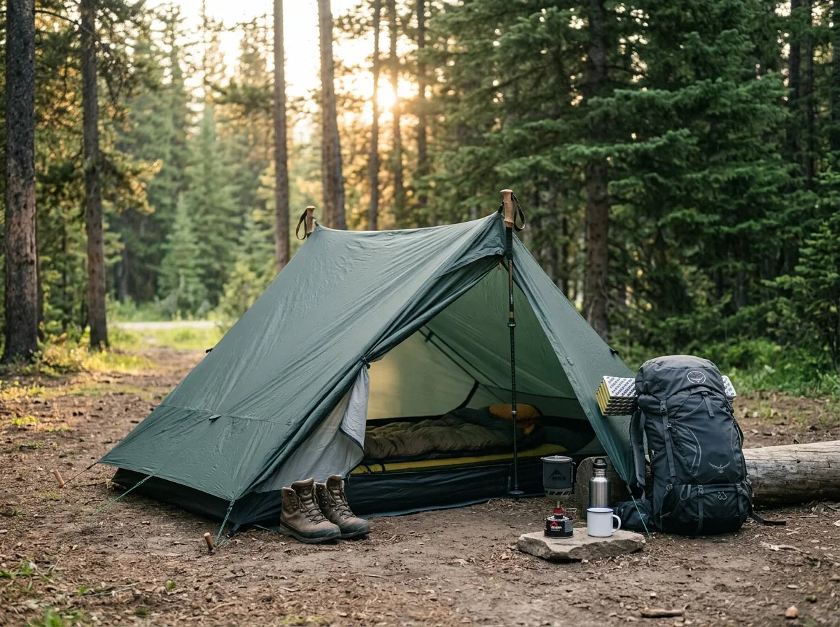 Trekking pole tent set up in mountain meadow at golden hour