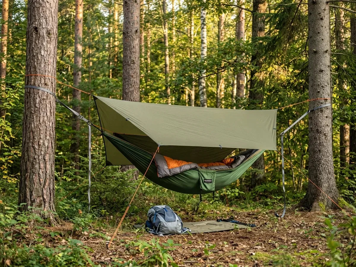 Ultralight backpacking hammock system packed down next to a scale showing total weight