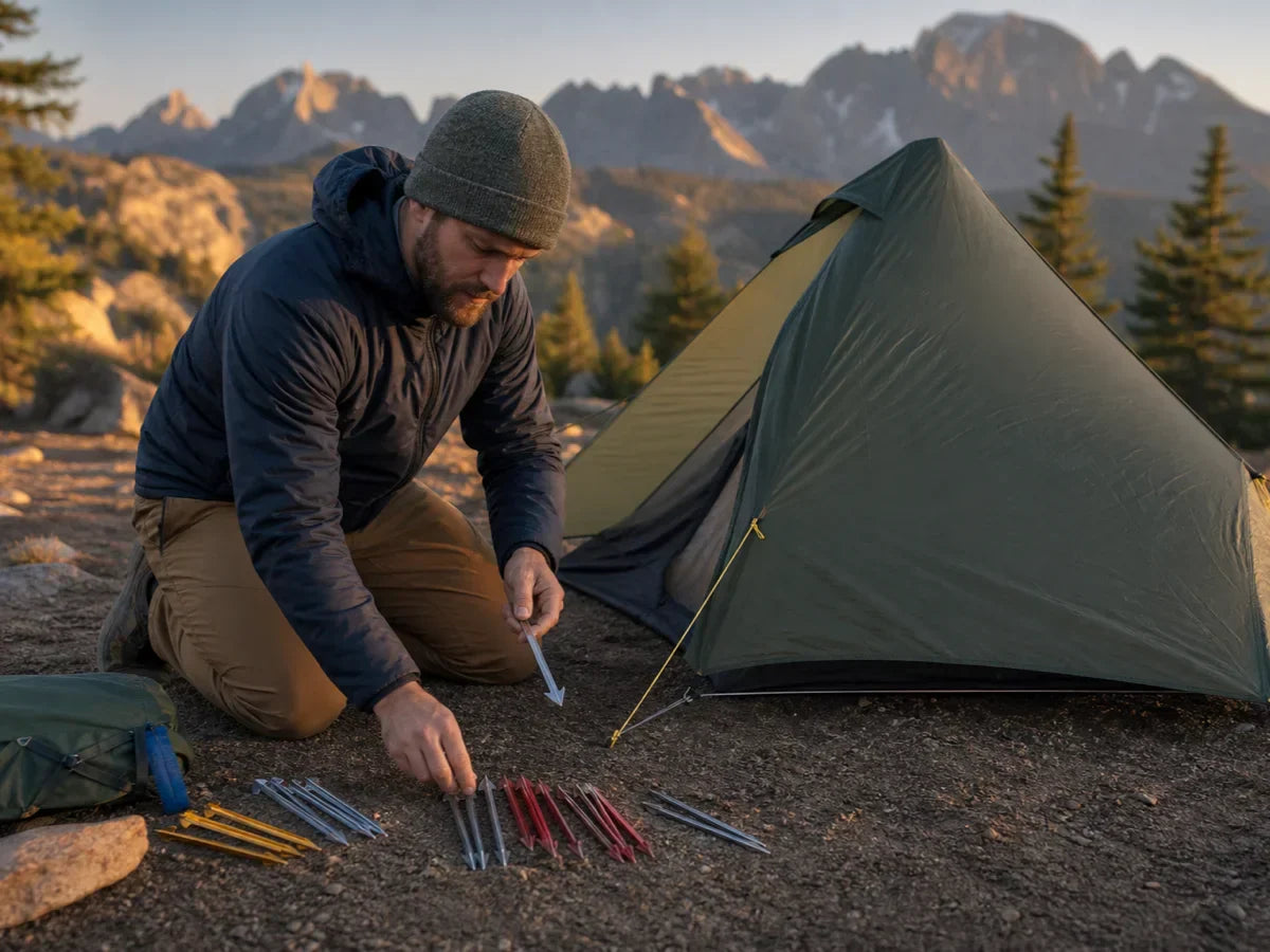 Backpacker arranging ultralight tent stakes beside a small backpacking tent.